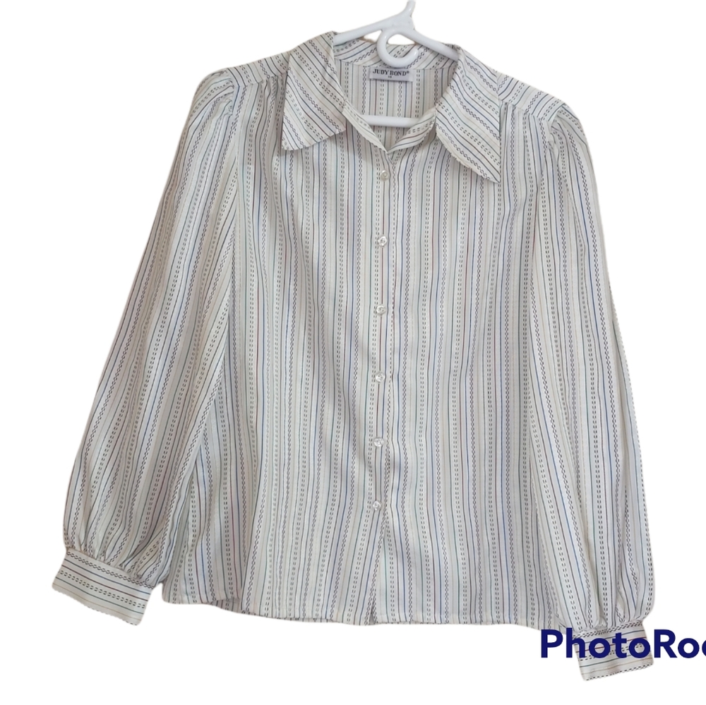 Vintage Judy Bond Long Sleeved Button Up Collar Multicolored Striped Blouse